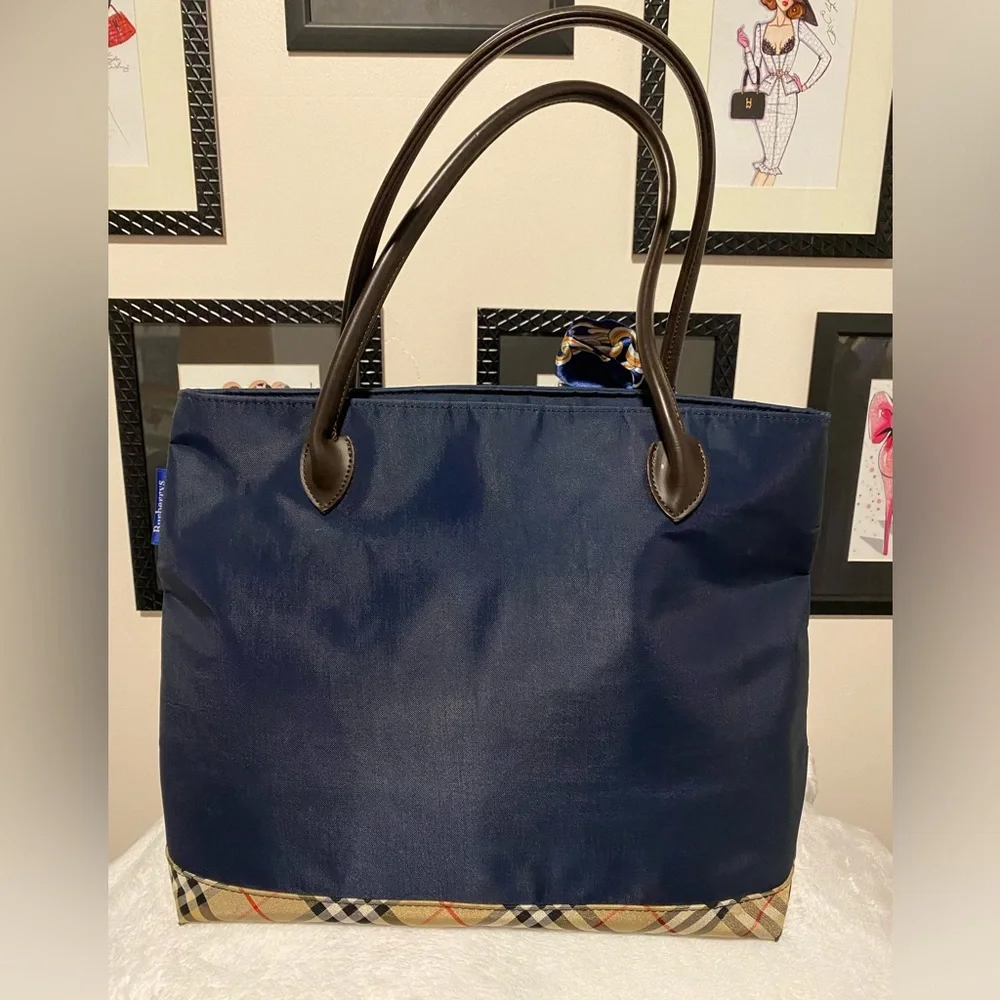 Burberry Navy Tote with Chain-Print Scarf Accent